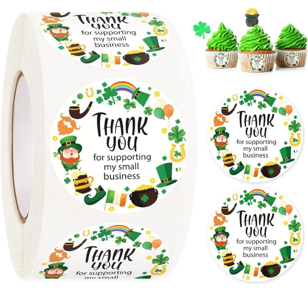 50 ct 1.5" St. Patrick's Day Thank You Supporting Stickers Shamrock Hat - Picture 1 of 10